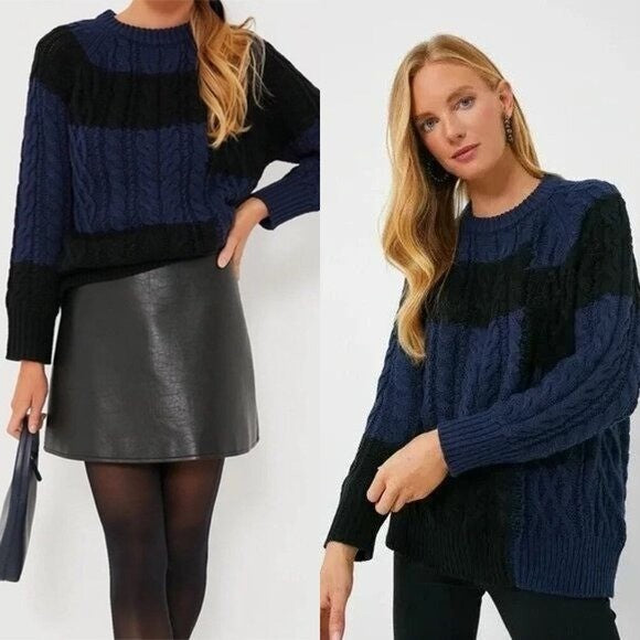 Tuckernuck NEW Navy Patchwork Cable Knit Relaxed Fit Pullover Sweater Size XS